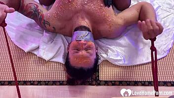 I casually punish my filthy husband with scalding wax all over his bound body in homemade bondage session