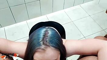 Young Cute Girl Delivers Intense Blowjob To Muscular Guy Under The Shower Stream