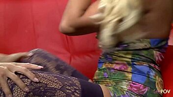 Lesbian blondes accept a request over the phone to pound their wet cunts with sex toys in stockings and heels