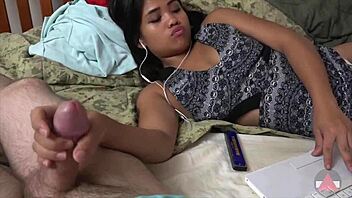 Oh Wow, Check Out This Amazing Asian Handjob In The Bedroom With A Massive Cock!