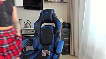 Blonde petite student in short skirt and white socks oils up feet while playing with kinky toys