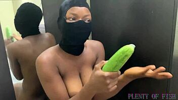 Why use huge cucumber dildo for ebony teen condom lesson with deep fucking?