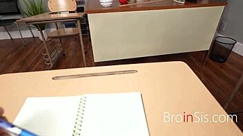 Teacher engages with student duos in naughty classroom threesome involving milf teen fucking.