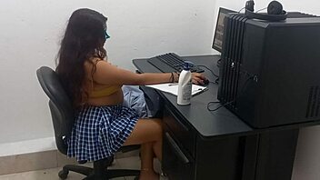 18-Year-Old Amateur with Big Natural Tits Studies Computer Classes in Scantily Clad Outfit Due to Heat