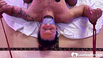 I casually punish my filthy husband with scalding wax all over his bound body in homemade bondage session