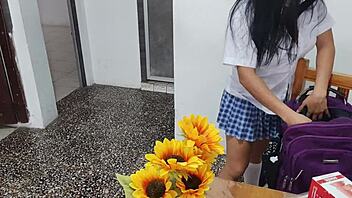 oh man, this fake student in a short skirt masturbates at home with her dildo and perky tits