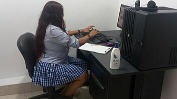 18-Year-Old Amateur with Big Natural Tits Studies Computer Classes in Scantily Clad Outfit Due to Heat