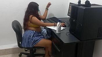 18-Year-Old Amateur with Big Natural Tits Studies Computer Classes in Scantily Clad Outfit Due to Heat
