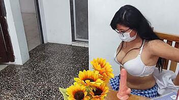 oh man, this fake student in a short skirt masturbates at home with her dildo and perky tits