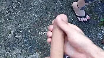 Whoa! Blonde Brazilian exhibitionist flashes and sucks huge monster cock bareback in public forest street adventure