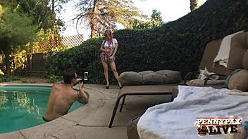 Penny pax dominates her hot photo shooting session outdoors by the pool in lingerie.