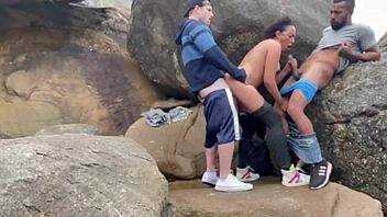 married latina amateur enjoys beach time with two african friends