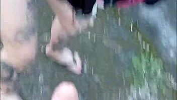 Whoa! Blonde Brazilian exhibitionist flashes and sucks huge monster cock bareback in public forest street adventure