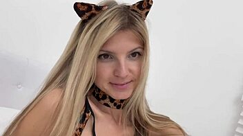 Hey check out this hot Catwoman cosplay with a blonde teen going solo in costume fun