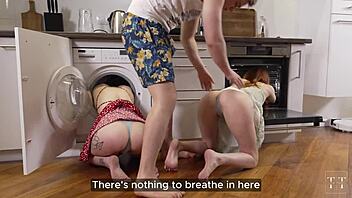 Bodybuilder Friends Creampie Redhead Teen Pussy in Kitchen Group Fucking with Monster Cock Orgasms