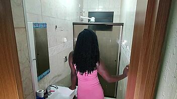 Hidden Camera Captures Ebony Babe Exploding on Young Guy's Dick