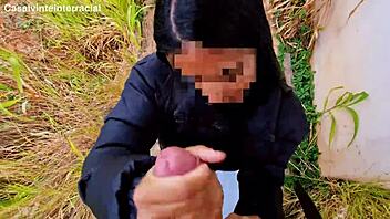 We pulled over at an abandoned building on the road where she eagerly sucked my cock in public excitement.