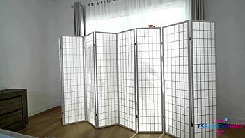 Two shemale belly dancers pound each other anal with toys