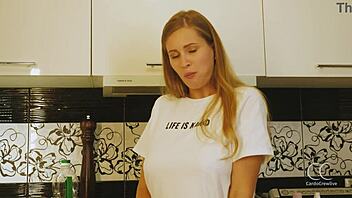 blonde bombshell devours eggs in wet pussy food fetish frenzy