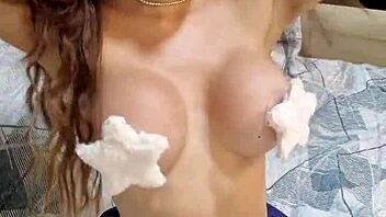 brunette amateur flashes big tits lingerie solo exhibitionist tease