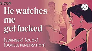 Hubby watches as I get double penetrated and creampied at swingers club orgy