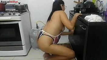 muscular stud gets homemade blowjob and pussy worship in kitchen