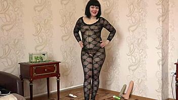 beautiful ass brunette in suit rides huge dildo gaping pussy