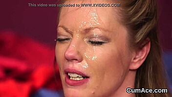 nasty fuck doll swallows bukkake jizz from blowbang