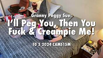 Granny Peggy Sue pegs then rides for hardcore creampie orgasm explosion!