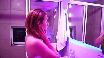 latina teases soapy pussy bubbles before shower blowjob