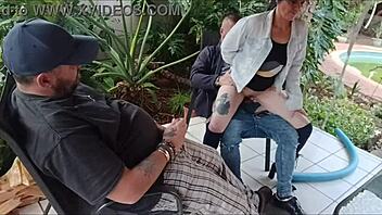 Shy babe loses virginity while friend masturbates in garden