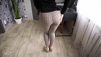 Office Milf Flashes Ass in Tight Thong Trousers