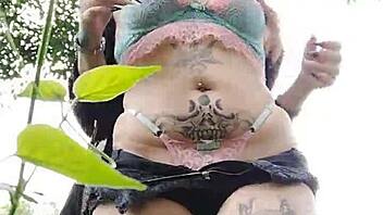 brazilian curvy girl flashes big pierced pussy outdoors for guys