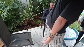 Shy babe loses virginity while friend masturbates in garden