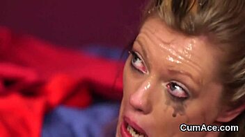 nasty fuck doll swallows bukkake jizz from blowbang