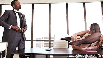 slutty gia derza rubs pussy then sucks isiah maxwell's monster black cock at work