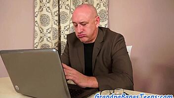 petite babe bends for old man's deep doggystyle pounding