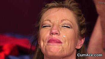 nasty fuck doll swallows bukkake jizz from blowbang