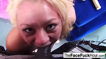 cute blonde slut facefucked roughly by two throbbing cocks