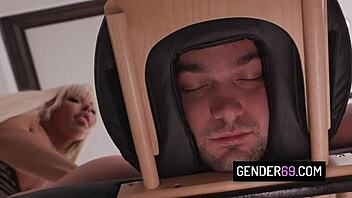 Busty shemale masseuse Brittney Kade pounds client's ass hardcore