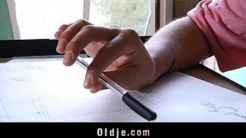 Young brunette tempts old teacher with sloppy blowjob and hardcore fuck break