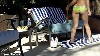 Dani Jensen and JC Simpson share double fuck cum swap by the pool