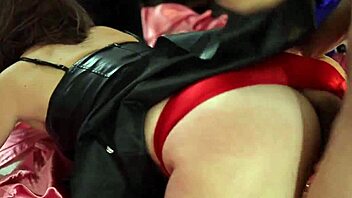 French amateur in black leather skirt and red satin panties gets face fucked to ass-to-mouth amid dirty talk