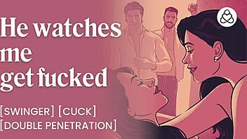 Hubby watches as I get double penetrated and creampied at swingers club orgy