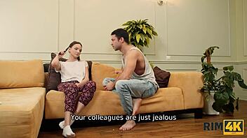 rimming art unfolds as brunette mistress dominates workspace