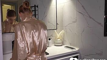 Surprise bathroom fuck while she showers, bending her juicy teen over hard! 🚿💦