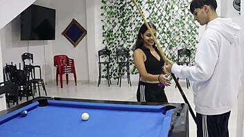 pervy latina stepsis heats up billiards lesson begging table fuck