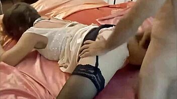 sexy french amateur in satin lingerie rims and licks during clothed fuck