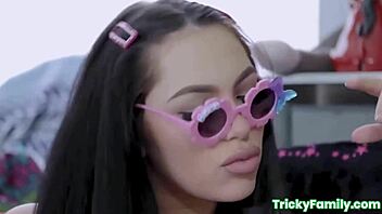 mj fresh poses her big tits with muscular partner casually