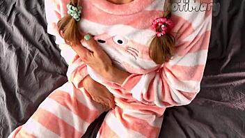 Petite teen rubs shaved pussy to intense orgasm